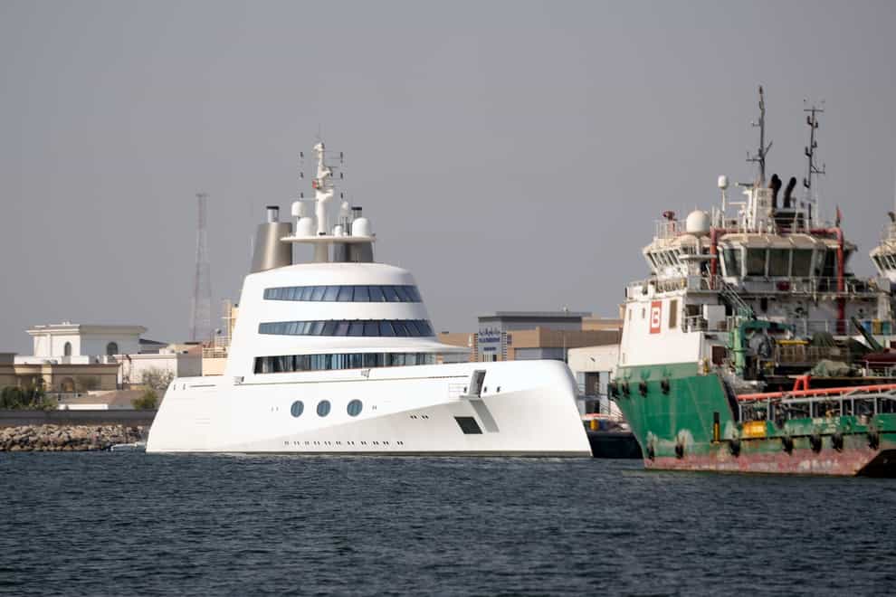 The 387ft Motor Yacht A belonging to Russian oligarch Andrey Melnichenko is anchored in the port of Ras al-Khaimah, United Arab Emirates (Kamran Jebreili/AP)