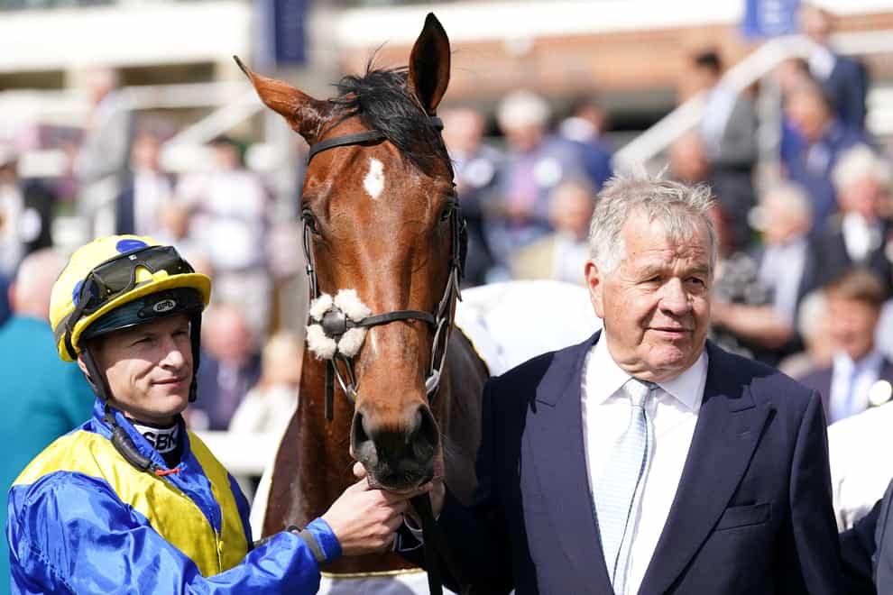 Desert Crown and jockey Richard Kingscote after winning The Al Basti Equiworld Dubai Dante Stakes alongside trainer Sir Michael Stoute during day two of the Dante Festival 2022 at York racecourse. Picture date: Thursday May 12, 2021.
