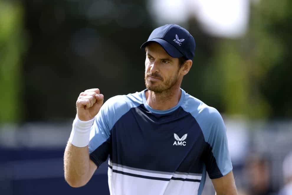 Andy Murray celebrates after victory over Gijs Brouwer to reach the Surbition Trophy quarter-finals (Steven Paston/PA)