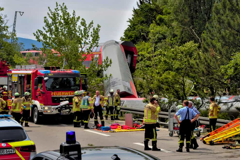 Emergency and rescue teams at the scene of a train accident in Garmisch-Partenkirchen, Germany (Josef Hornsteiner/dpa via AP)