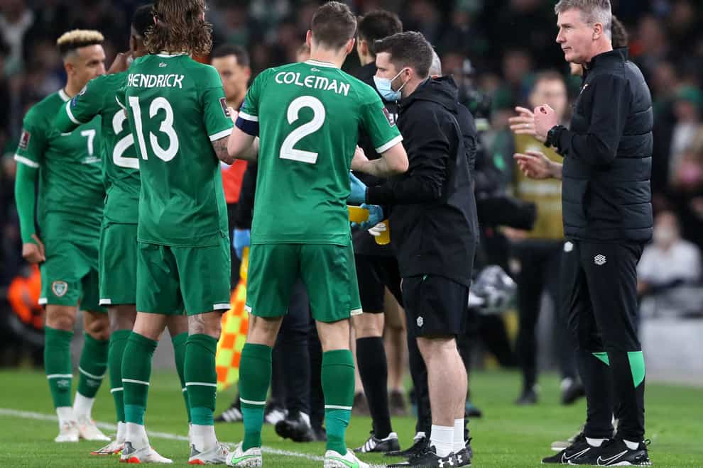 Republic of Ireland manager Stephen Kenny, right, on the touchline (Brian Lawless/PA)