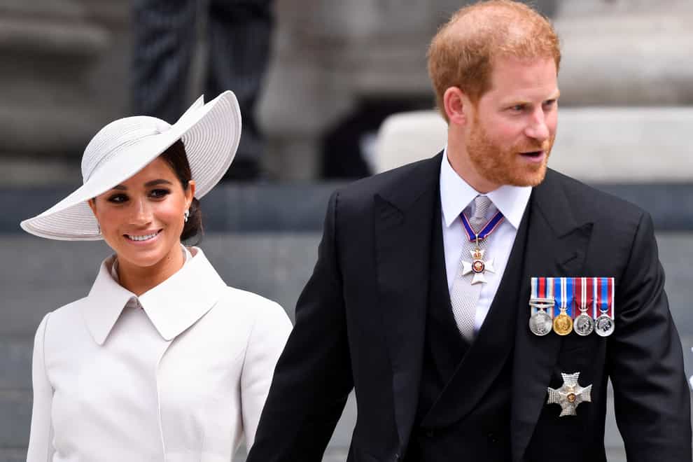 The Duke and Duchess of Sussex leaving following the National Service of Thanksgiving at St Paul’s Cathedral, London, on day two of the Platinum Jubilee celebrations for the Queen (Toby Melville/PA)