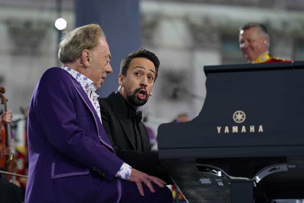 Lord Andrew Lloyd Webber and Lin-Manuel Miranda perform during the Platinum Party at the Palace (Joe Giddens/PA)