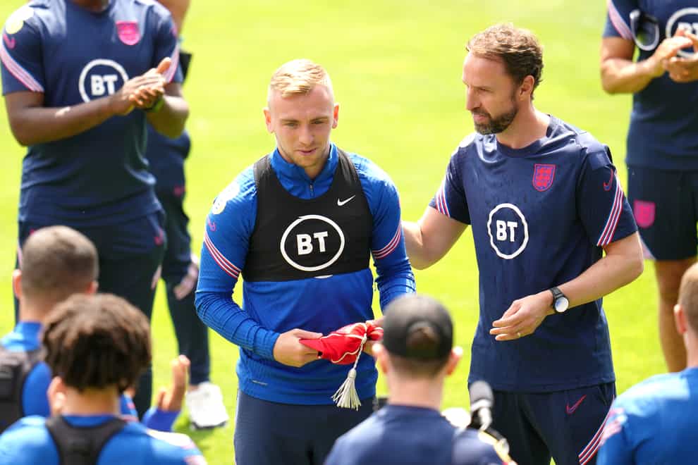 England manager Gareth Southgate gives a cap to Jarrod Bowen (Nick Potts/PA)