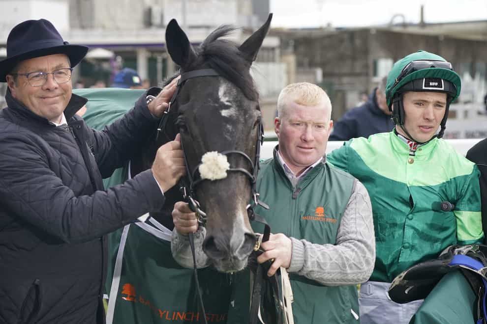Dr Zempf with Trainer Ger Lyons (right) and jockey Colin Keane after winning the Ballylinch Stud ‘Red Rocks’ 2,000 Guineas Trial Stakes during the Ballyinch Stud Classic Trials Day at Leopardstown Racecourse, Dublin. Picture date: Saturday April 2, 2022.