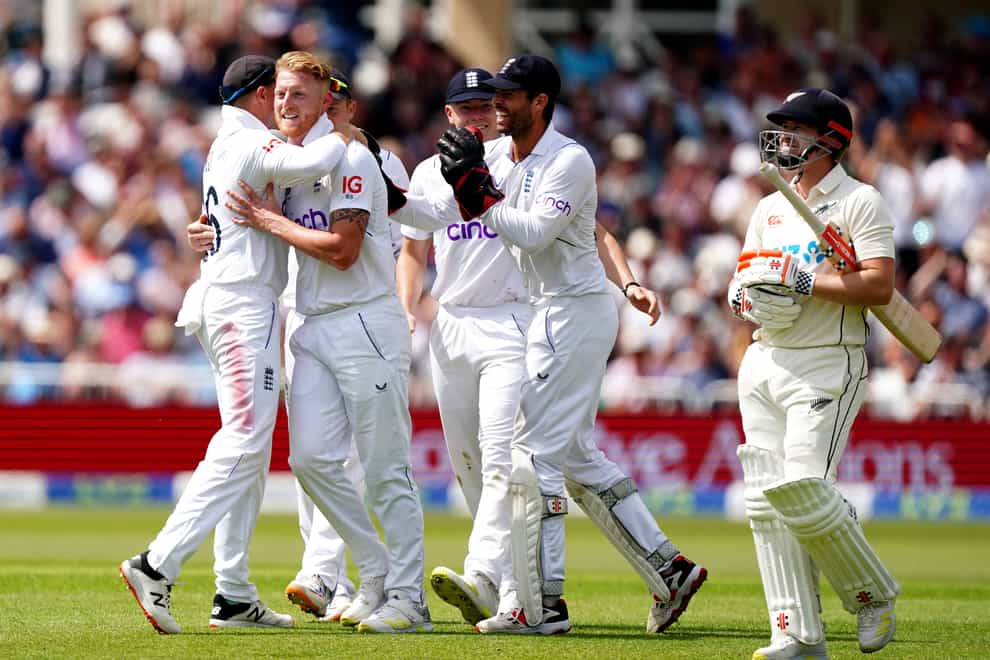 Ben Stokes celebrates taking the wicket of New Zealand’s Henry Nicholls (Mike Egerton/PA)