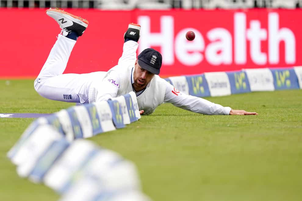 England’s Jack Leach crashes into the boundary ropes trying to save runs during day one of the Second LV= Insurance Test (Mike Egerton/PA)