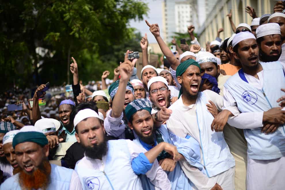 Thousands of people have marched in Bangladesh’s capital and parts of India to urge Muslim-majority nations to cut ties with India unless it punishes two governing party officials for comments deemed derogatory to Islam’s Prophet Muhammad (Mahmud Hossain Opu/AP)