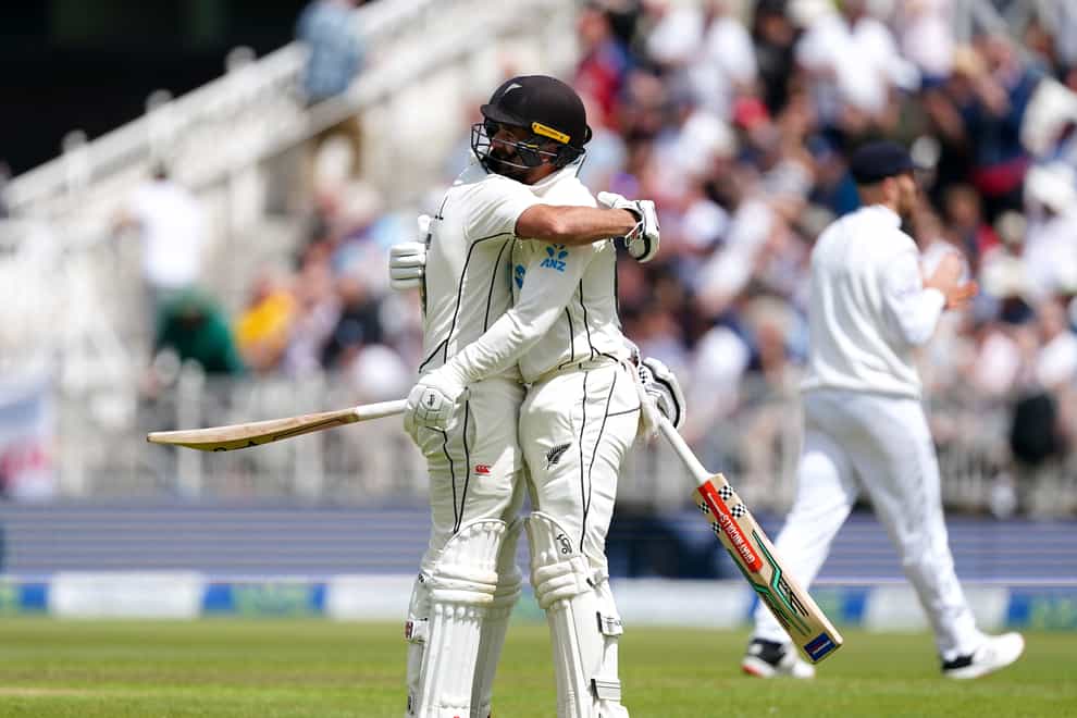 New Zealand’s Tom Blundell (right) hugs team-mate Daryl Mitchell after reaching his century against England at Trent Bridge (Mike Egerton/PA Images).