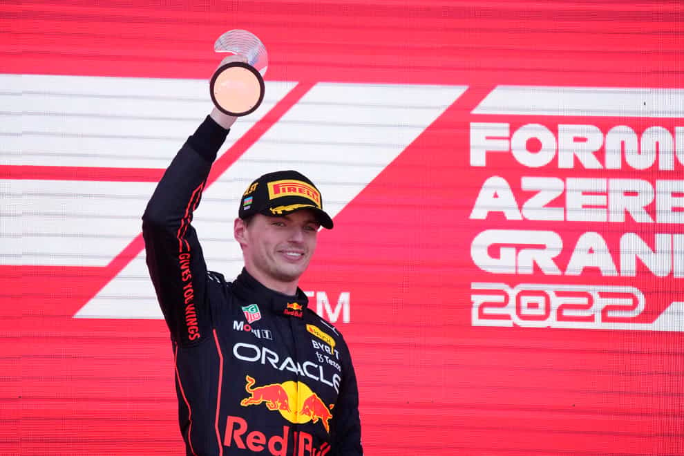 Red Bull driver Max Verstappen celebrates victory in Baku (Sergei Grits/AP).