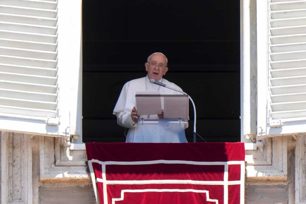 Pope Francis delivers his speech as he recites the Regina Coeli noon prayer from the window of his studio overlooking St Peter’s Square, at the Vatican, Sunday June 12 2022 (Andrew Medichini/AP)