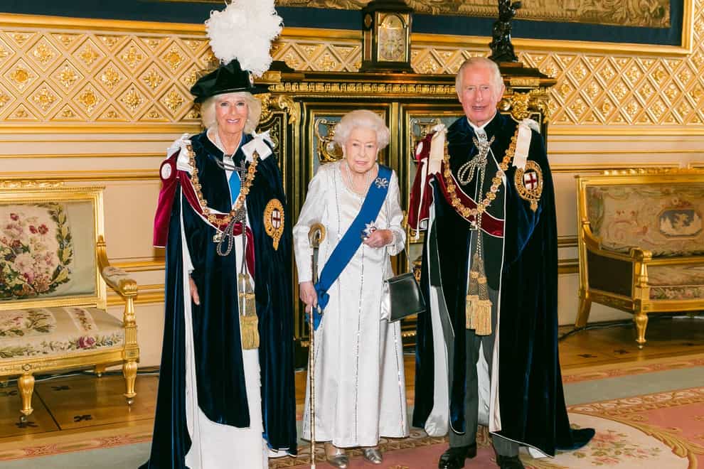 The Prince of Wales and the Duchess of Cornwall with the Queen at Windsor Castle ahead of the annual Order of the Garter Service (Steve Solomons/PA)