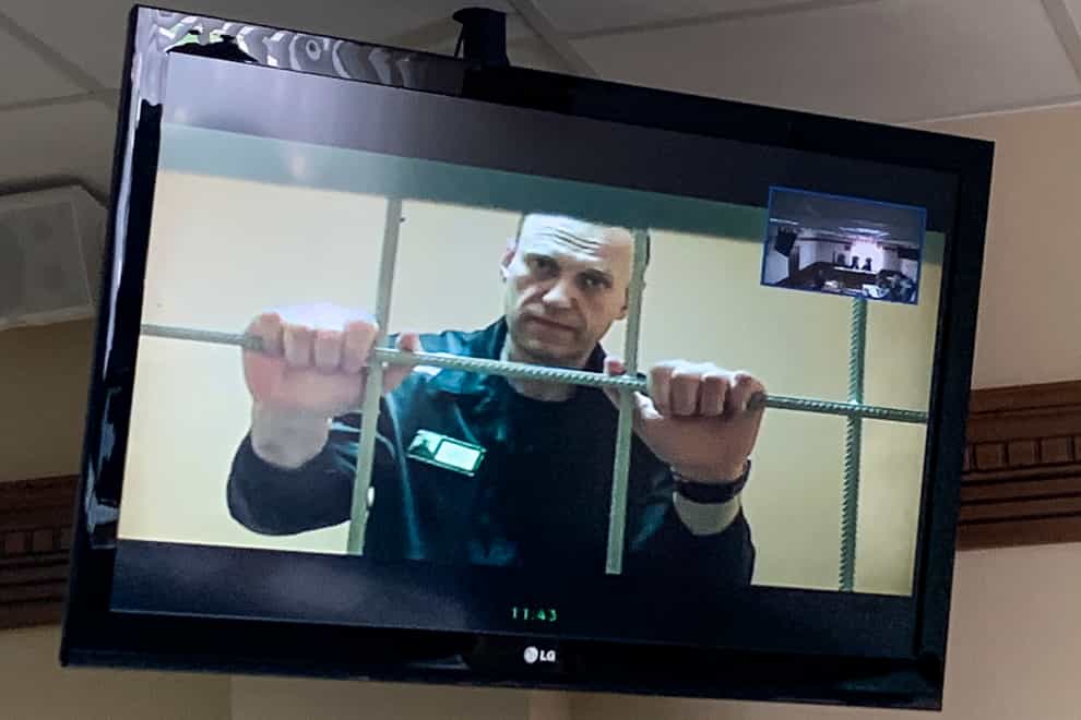 Russian opposition leader Alexei Navalny appears from prison on a video link provided by the Russian Federal Penitentiary Service, at a courtroom in Vladimir, Russia, Tuesday, June 7, 2022. A court in Vladimir region on Tuesday rejected an appeal of Russian opposition leader Alexei Navalny against the correctional colony’s decision to label him “a person inclined to commit crimes of a terrorist or extremist nature.” (AP Photo/Vladimir Kondrashov)