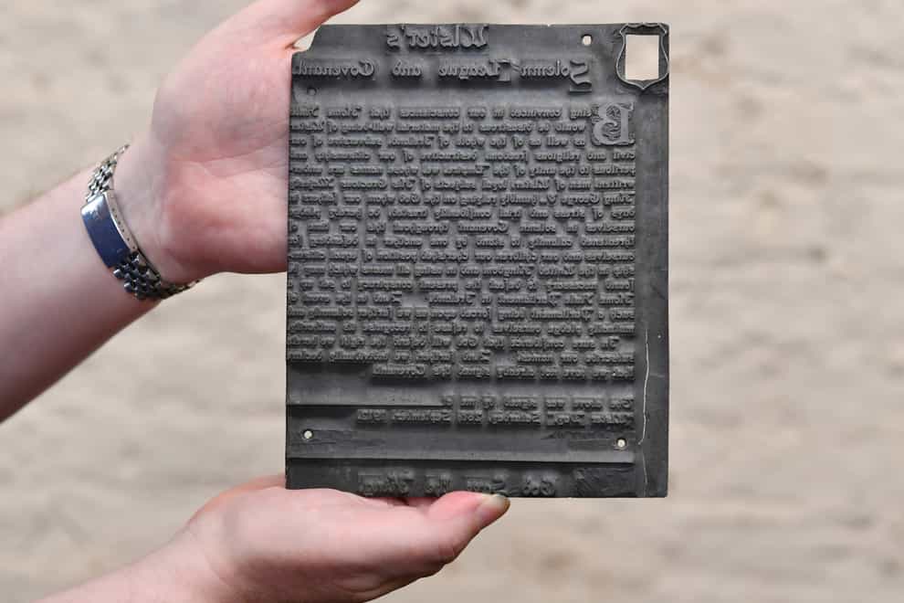 The 110-year-old printing plate inscribed with the Ulster Covenant (Bloomfield Auctions/PA)