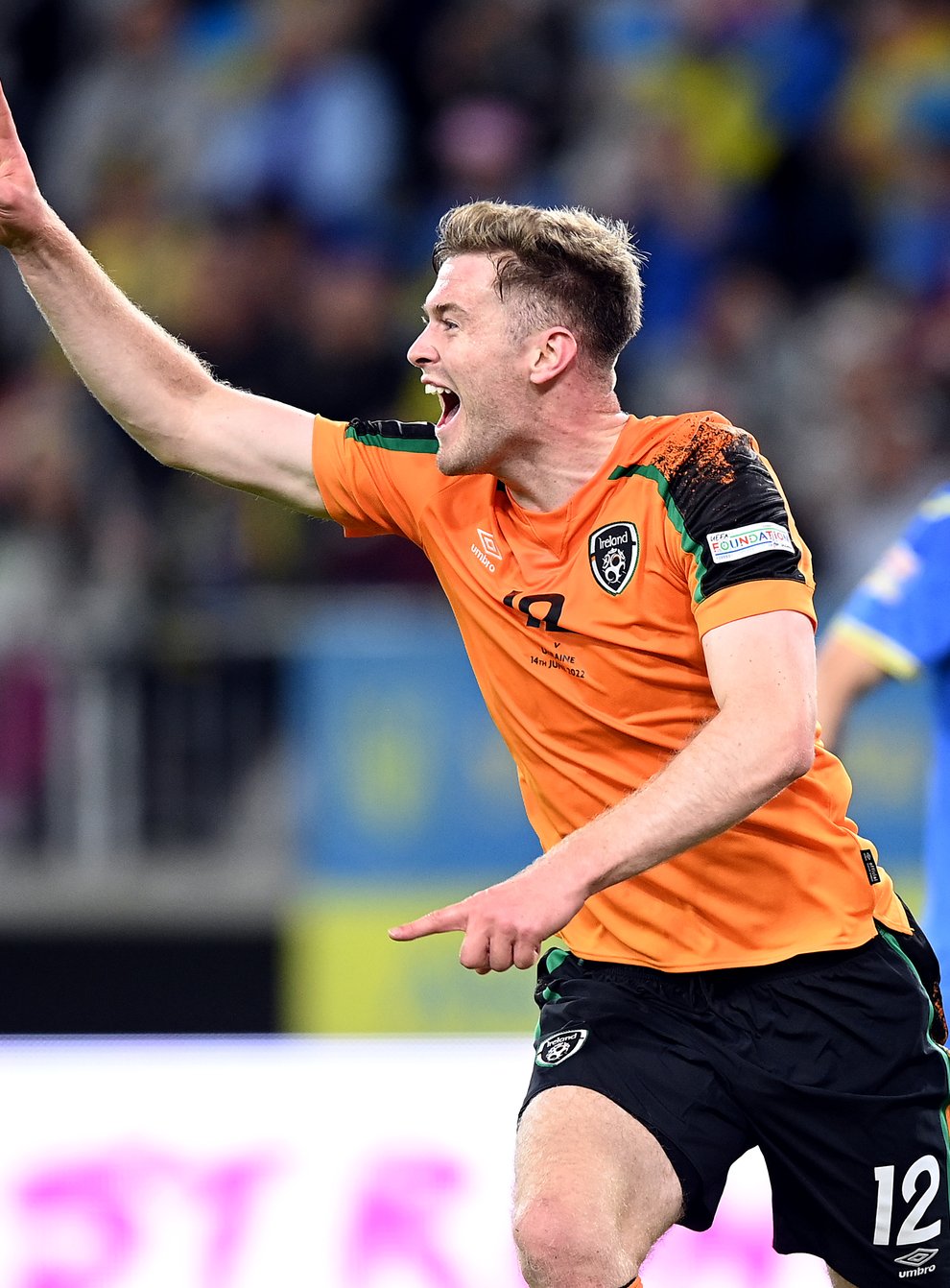 Republic of Ireland defender Nathan Collins celebrates his goal against Ukraine (Rafal Oleksiewicz/PA)
