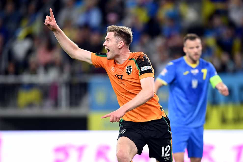 Republic of Ireland defender Nathan Collins celebrates his goal against Ukraine (Rafal Oleksiewicz/PA)