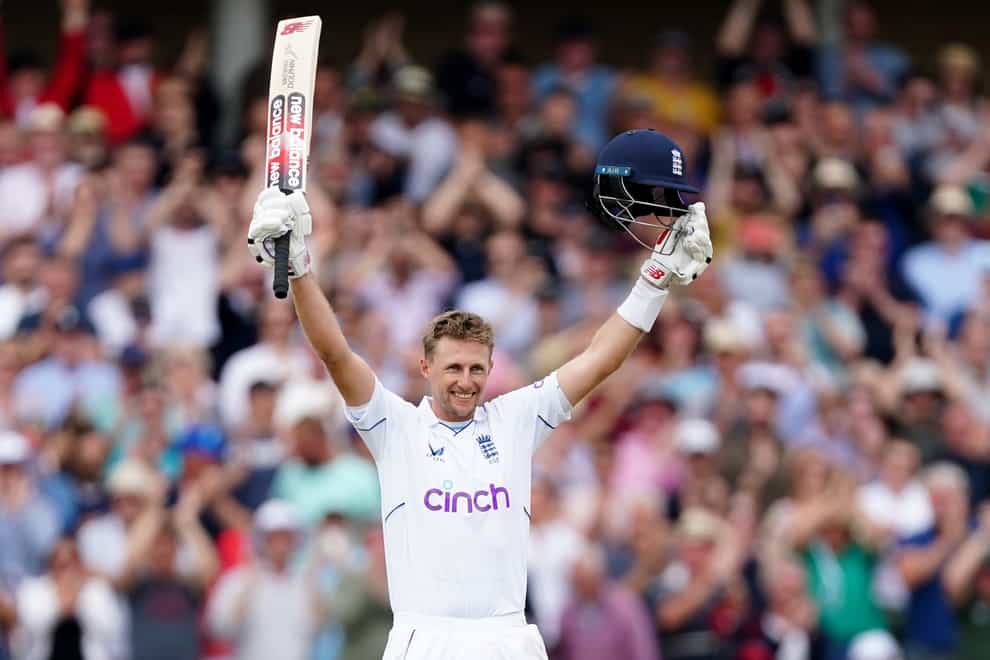 Joe Root celebrates his century on day three of the second Test against New Zealand at Trent Bridge (Mike Egerton/PA)