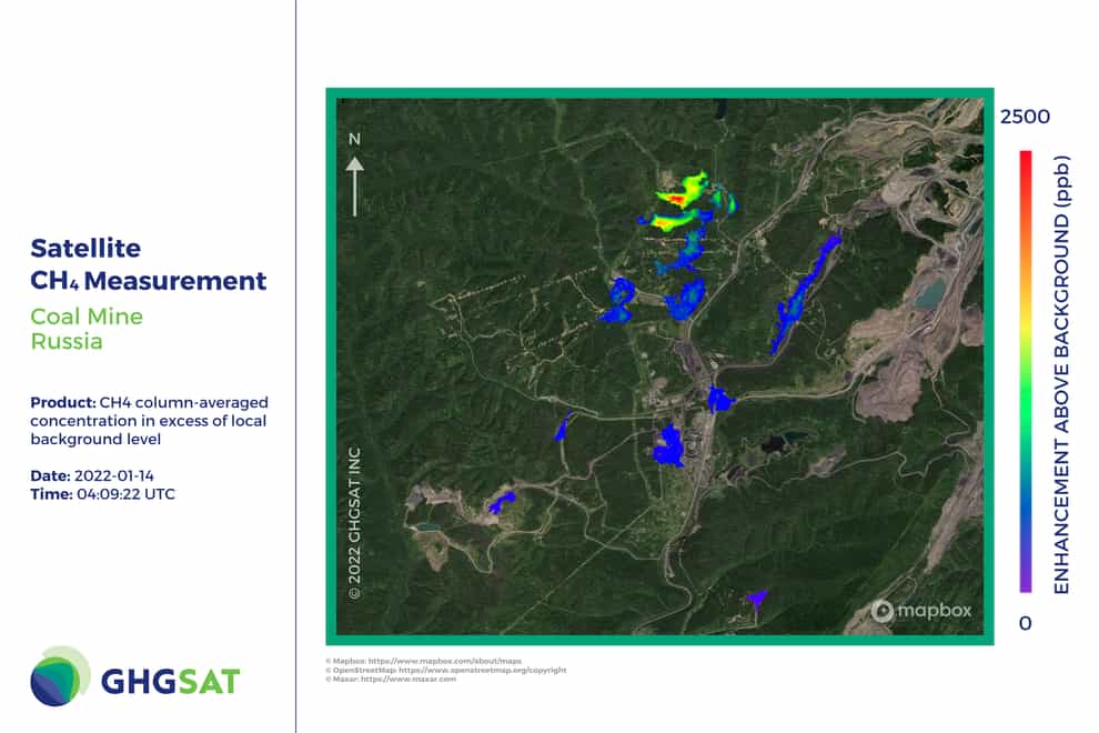 Methane emissions observed and measured with GHGSat’s satellite at the Raspadskaya mine (GHGSat via AP)