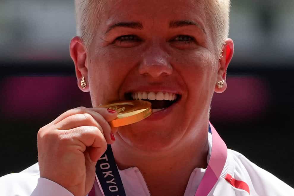 Anita Wlodarczyk with her medal for the women’s hammer at the 2020 Olympics in Tokyo (AP)