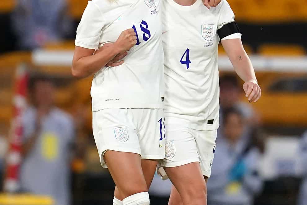 Chloe Kelly (left) celebrates after England’s opener on Wednesday (Nick Potts/PA).