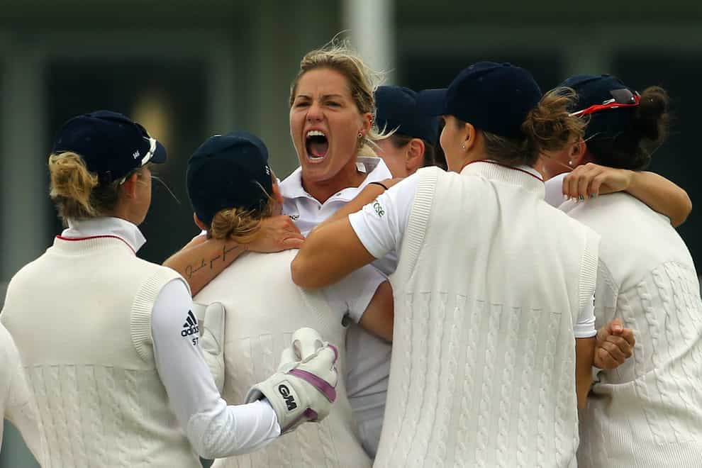 Katherine Brunt, centre, finishes as England Women’s third-highest Test wicket-taker with 51 dismissals (Gareth Fuller/PA)