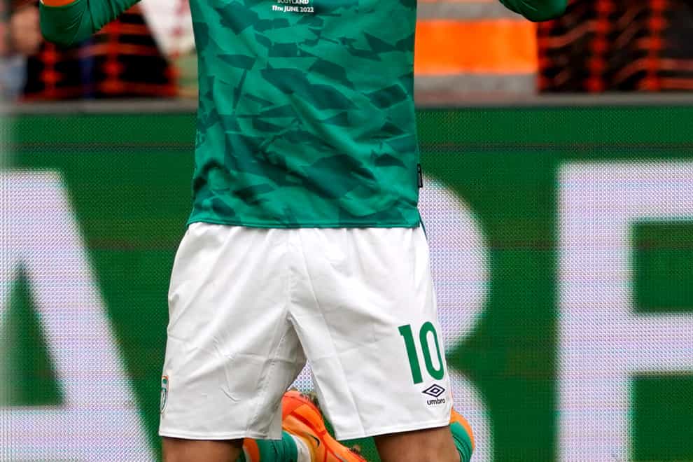 Republic of Ireland striker Troy Parrott celebrates after scoring against Scotland (Brian Lawless/PA)