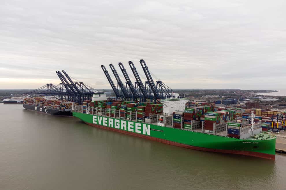 The world’s largest cargo ship Ever Ace, holder of the record for most containers loaded on to a single vessel, arrives at the Port of Felixstowe in Suffolk (Joe Giddens/PA)