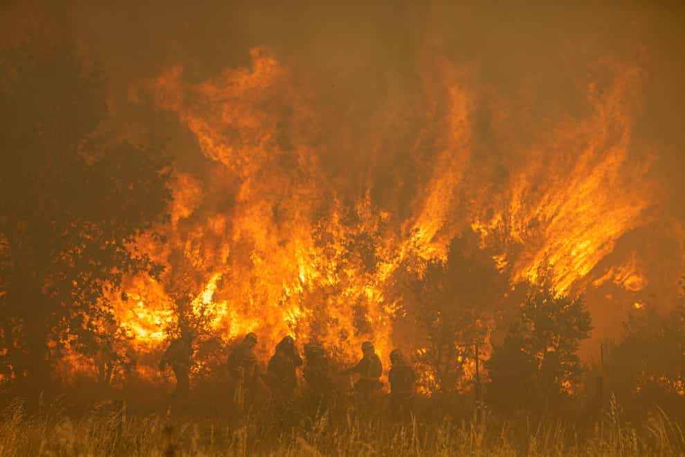 Firefighters work to battle flames during a wildfire in the Sierra de la Culebra in the Zamora province (Emilio Fraile/Europa Press via AP)