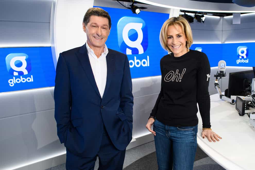 Jon Sopel and Emily Maitlis after being joined at Global by Lewis Goodall, who is leaving BBC’s Newsnight (Global/PA)