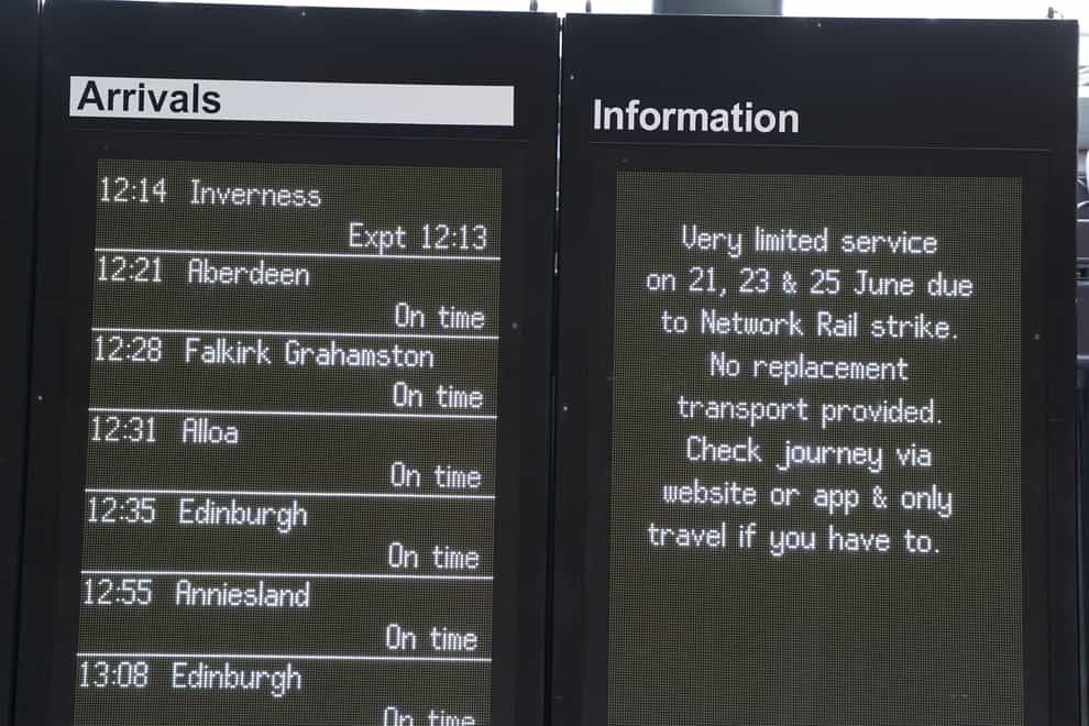 Signs at Glasgow Queen Street station. Trains will be disrupted due to industrial action as the RMT has announced industrial action on June 21, 23, and 25. Picture date: Monday June 20, 2022. (Andrew Milligan/PA)
