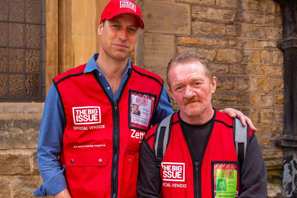 The Duke of Cambridge, left, selling the Big Issue in London with Big Issue vendor Dave Martin (Andy Parsons/Big Issue/PA)