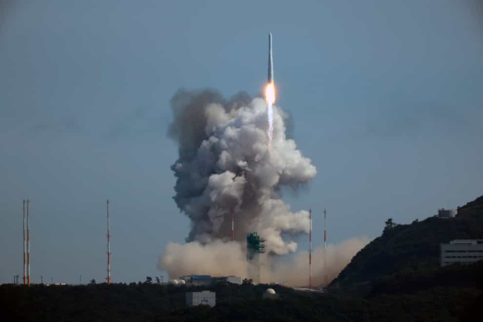 The Nuri rocket, the first domestically built space rocket, lifts off from a launch pad at the Naro Space Centre in Goheung, South Korea (Kim In-chul/Yonhap via AP)