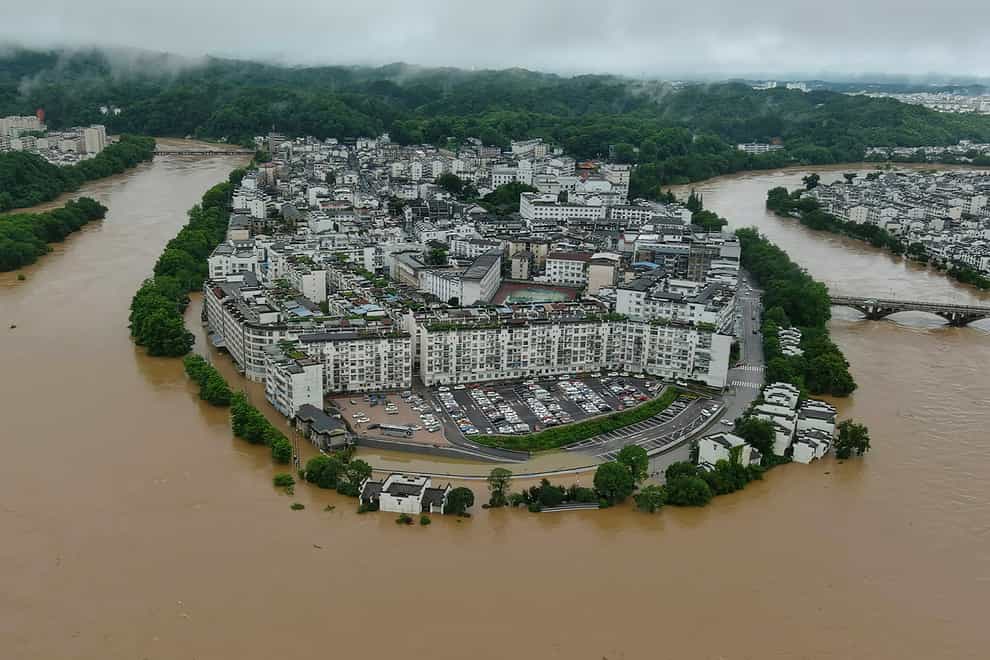 Flooded areas of Wuyuan County in south-eastern China’s Jiangxi province (Wang Guohong/Xinhua via AP)