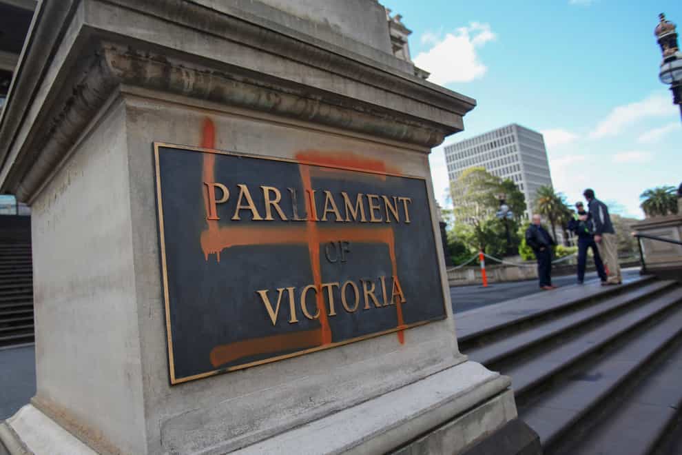 A Nazi swastika is seen graffitied on the front of the Victorian State Parliament, In Melbourne, Australia, in 2012 (David Grosling/AAP Image/AP)