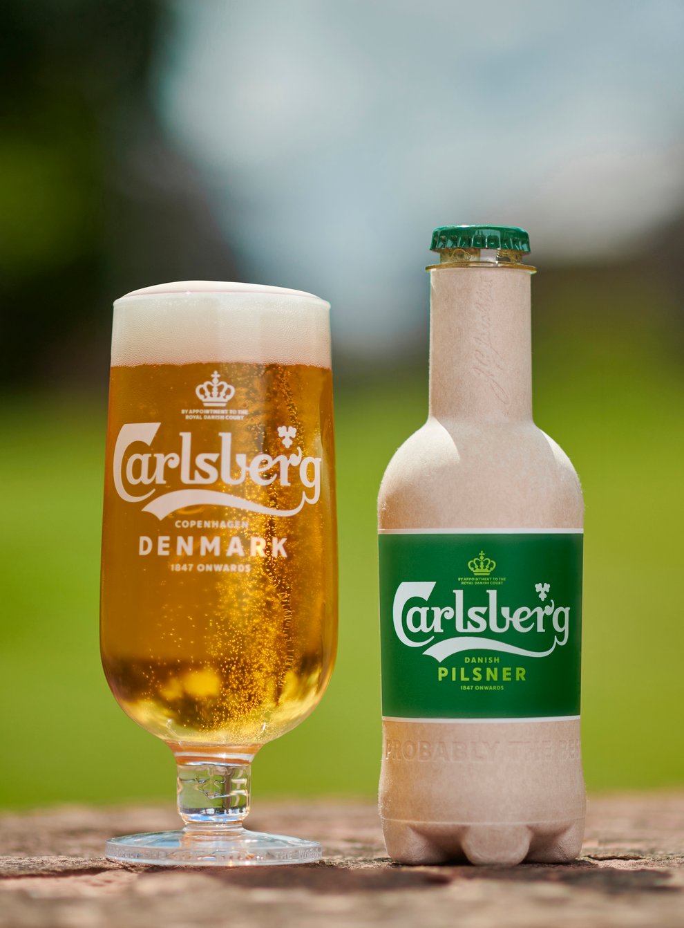 Calsberg’s fibre bottle, which is 100% recyclable, apart from the cap (Carlsberg/PA)