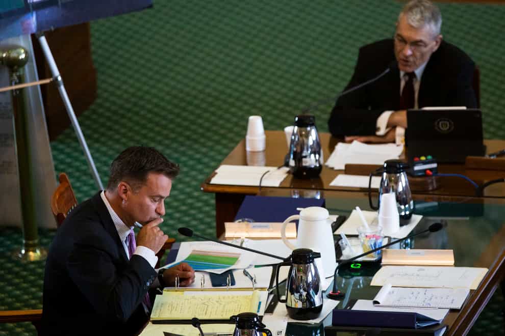 Senator Roland Gutierrez, who represents the district where Uvalde is located, asks Texas Department of Public Safety Director Steve McCraw questions during the Texas Senate Special Committee to Protect All Texans hearing regarding the Robb Elementary School shooting in Uvalde (Sara Diggins/Austin American-Statesman/AP)