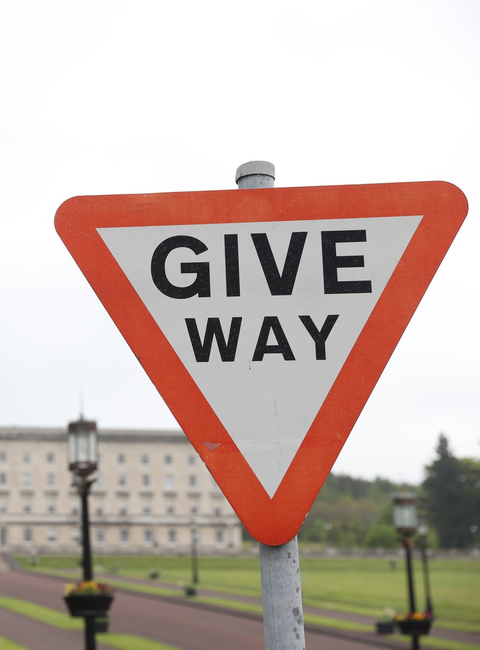 A Give Way sign at Parliament Buildings at Stormont, Belfast (Liam McBurney/PA)