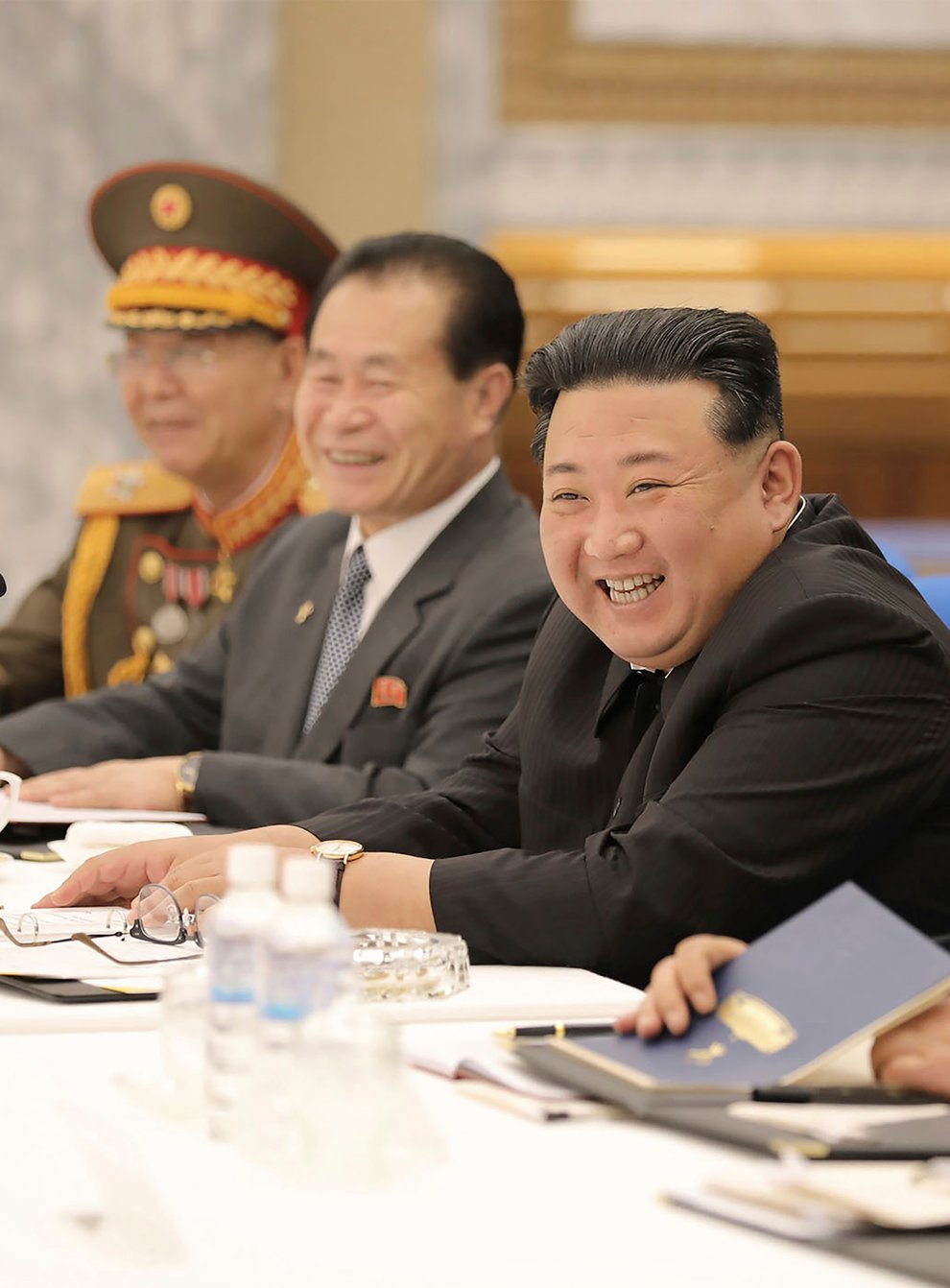North Korean leader Kim Jong Un, centre, attends a meeting of the Central Military Commission of the ruling Workers’ Party in Pyongyang, North Korea (Korean Central News Agency/Korea News Service/AP)
