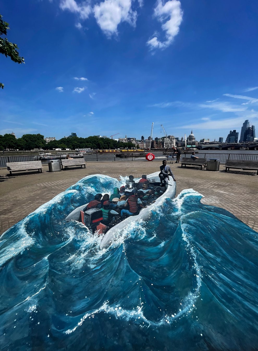 Three immersive artworks have been unveiled on London’s Southbank, depicting Ethiopian refugee Eskander Turki’s journey to safety in the UK (Migrant Help/PA)