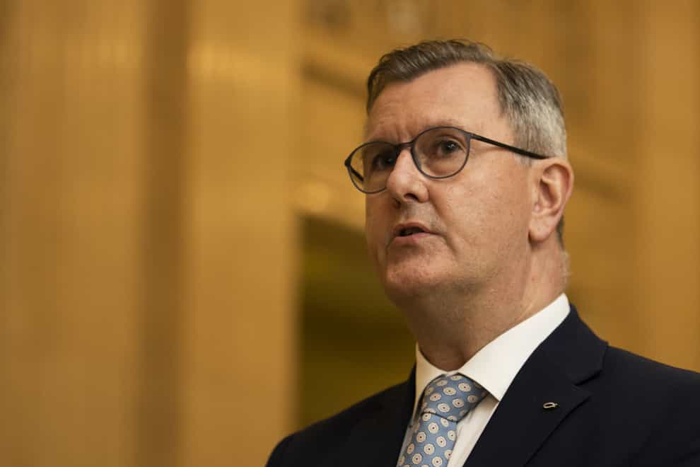 DUP leader Sir Jeffrey Donaldson speaks to the media in the Great Hall at Parliament Buildings, Stormont, Belfast as the Bill to amend the Northern Ireland Protocol is introduced in Parliament amid controversy over whether the legislation will break international law (Liam McBurney/PA)