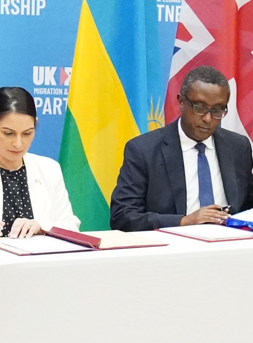 Home Secretary Priti Patel and Rwandan minister Vincent Biruta, signed a ‘world-first’ migration and economic development partnership (Flora Thompson/PA)