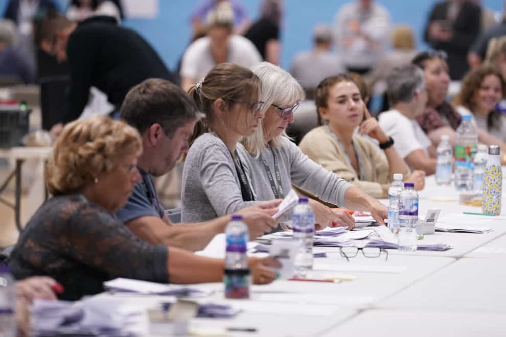 Votes are counted at the Lords Meadow Leisure Centre, in Crediton, Devon, for the Tiverton and Honiton by-election which was triggered by the resignation of MP Neil Parish for watching pornography in the Commons. Picture date: Thursday June 23, 2022.