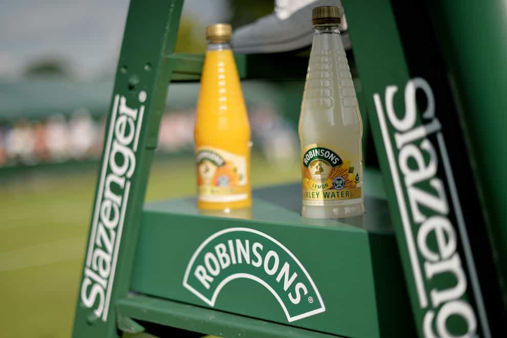 Bottles of Robinsons juice can be seen on the Umpire’s chair at Wimbledon (Anthony Devlin/PA)