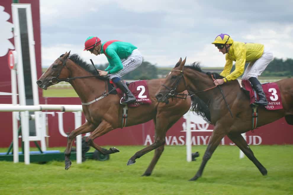 La Petite Coco (left) ridden by jockey William Lee on their way to winning the Alwasmiyah Pretty Polly Stakes during day three of the Dubai Duty Free Irish Derby Festival at Curragh Racecourse in County Kildare, Ireland. Picture date: Sunday June 26, 2022.