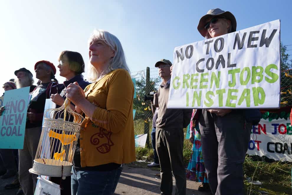 Demonstrators outside the proposed Woodhouse Colliery, south of Whitehaven, ahead of the public inquiry into controversial plans for a new deep coal mine on the Cumbria coast (Owen Humphreys/PA)