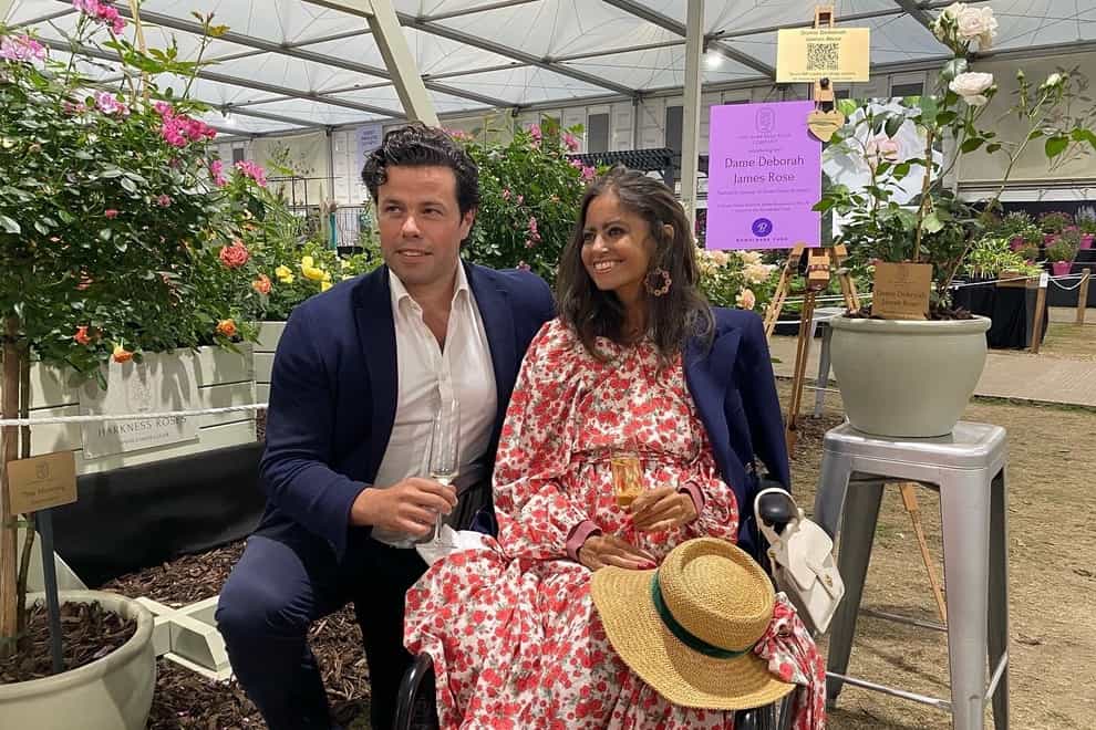 Dame Deborah James, with her husband Sebastien Bowen, during a private tour at the Chelsea Flower Show (Harkness Rose Company/PA)