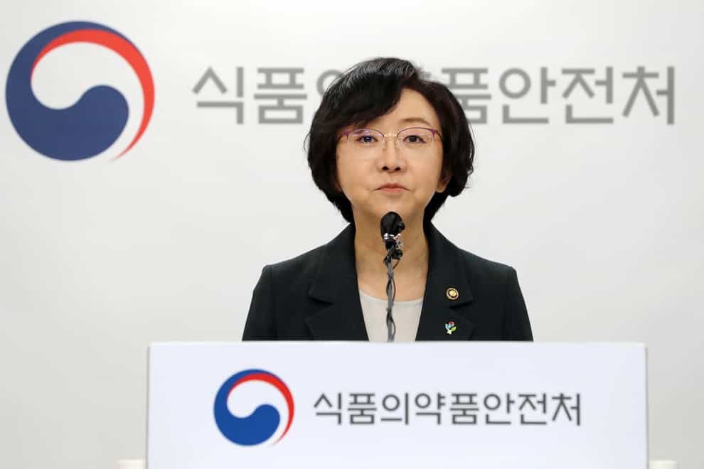 South Korean minister of food and drug safety Oh Yu-Kyoung speaks during a briefing in Cheongju, South Korea (Chun Kyung-hwan/Yonhap/AP)