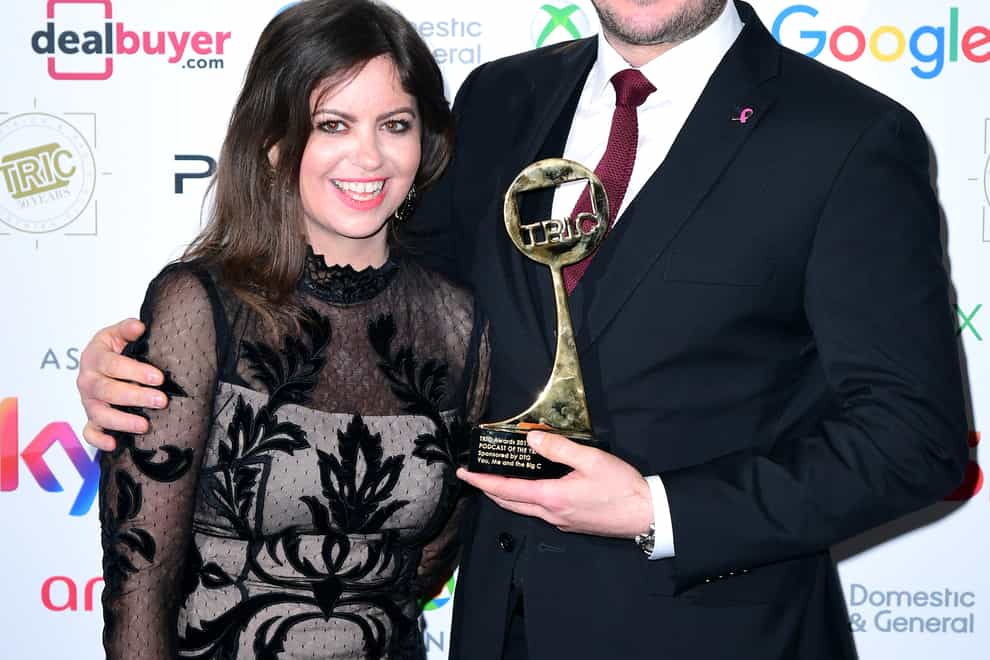 File photo dated 12/03/19 of Deborah James (left) and Steve Bland with the award for Best Podcast for the show You, Me and the Big C at the TRIC Awards 2019, as Deborah James has reached the �4 million mark for her cancer research fundraising initiative.