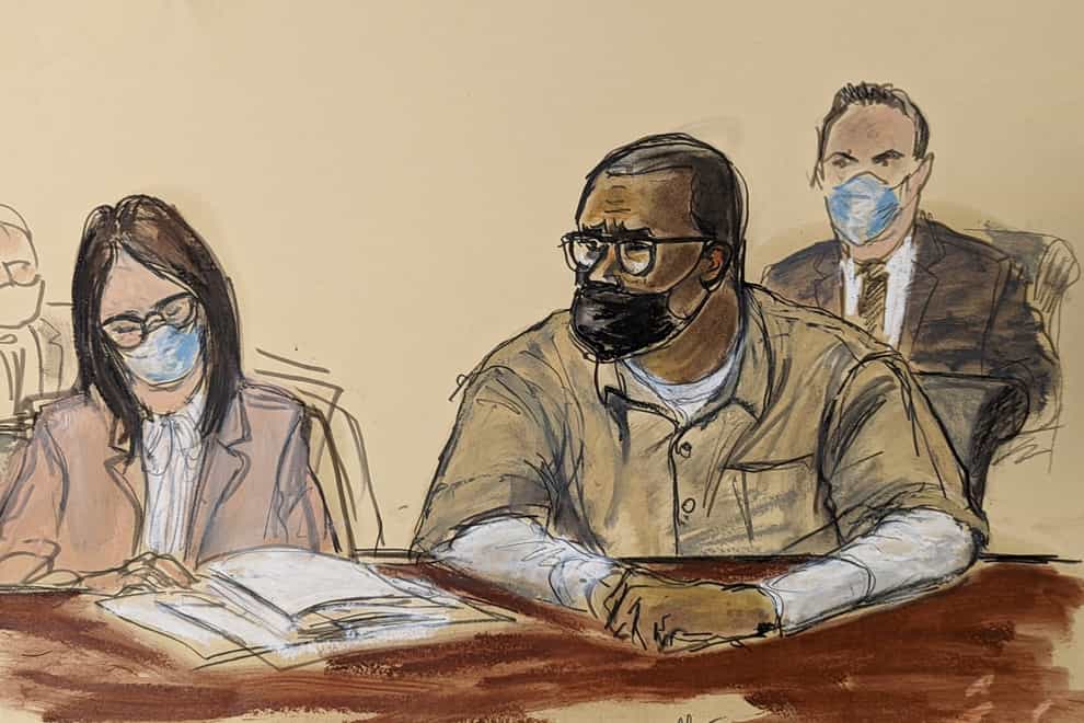 In this courtroom sketch, R Kelly and his attorney Jennifer Bonjean, left, appear during his sentencing hearing (Elizabeth Williams/PA)
