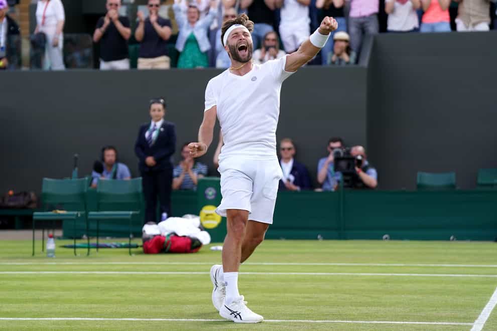 Liam Broady celebrates winning against Diego Schwartzman in the second round at Wimbledon (Adam Davy/PA)